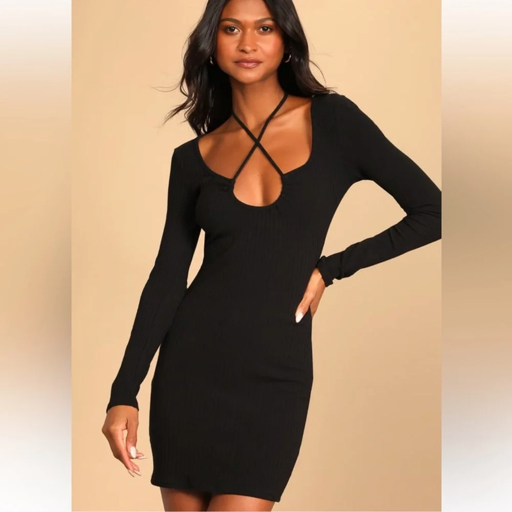 NWT Lulu Hug and Kiss Ribbed Knit Tie- Neck Long Sleeve Mini Dress - Picture 1 of 4
